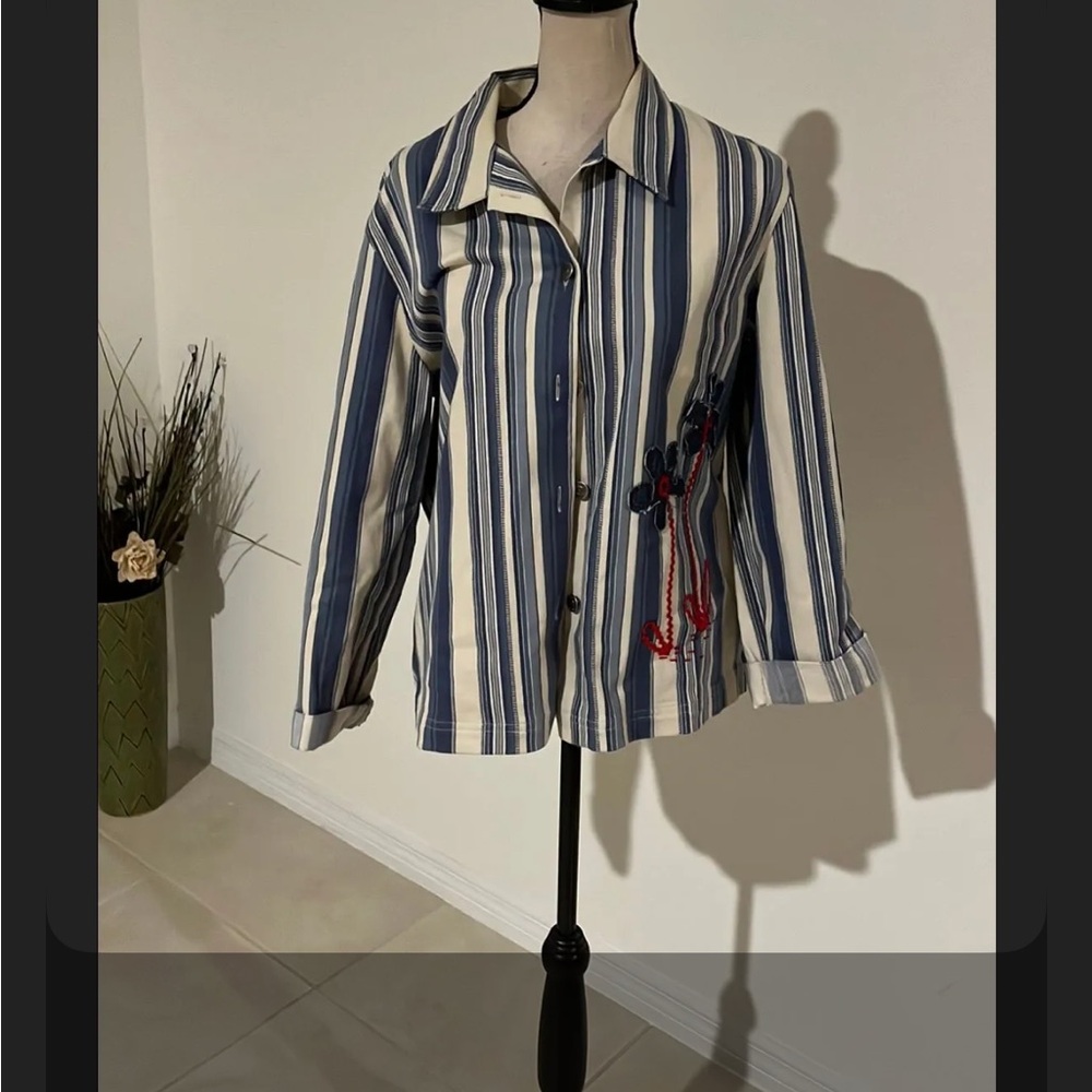 Sag Harbor Blue and Cream Striped Jean Jacket with Red Embroidery